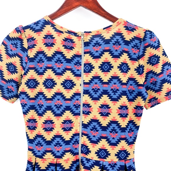 LuLaRoe Amelia Tan & Blue Aztec Short Sleeve Dress - Picture 4 of 7